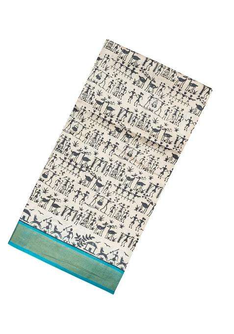 White Handloom Tussar Silk Saree With Printed Tribal Motifs For Women