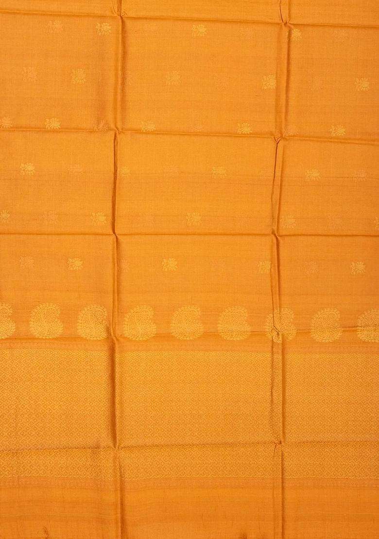 Mustard Woven Tussar Silk Saree With Floral Motifs With Buttas And Brocade Design For Women - Indya
