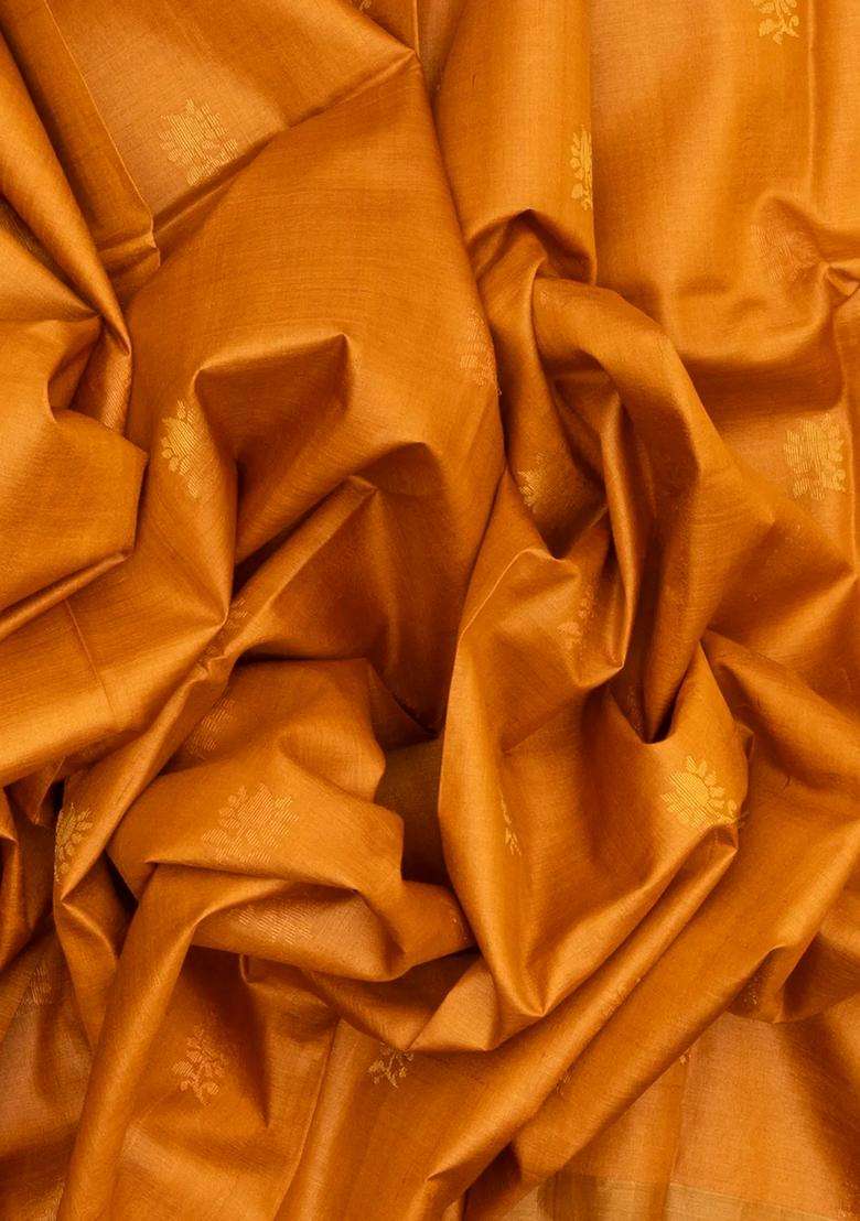 Mustard Woven Tussar Silk Saree With Floral Motifs With Buttas And Brocade Design For Women - Indya