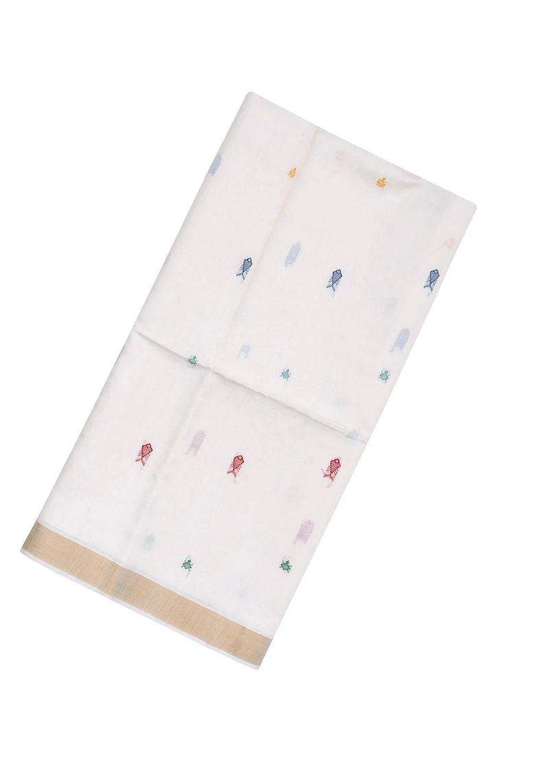 White Handloom Tussar Silk Saree With Meena Fish Buttas With Buttas And Brocade Design For Women - Indya