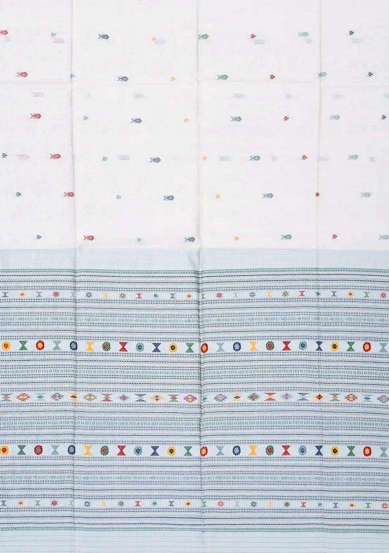 White Handloom Tussar Silk Saree With Meena Fish Buttas With Buttas And Brocade Design For Women - Indya