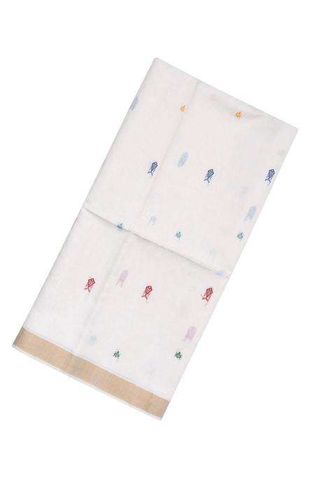 White Handloom Tussar Silk Saree With Meena Fish Buttas With Buttas And Brocade Design For Women