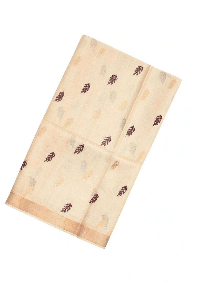 Cream Handloom Tussar Silk Saree With Floral Buttas With Buttas And Brocade Design For Women - Indya