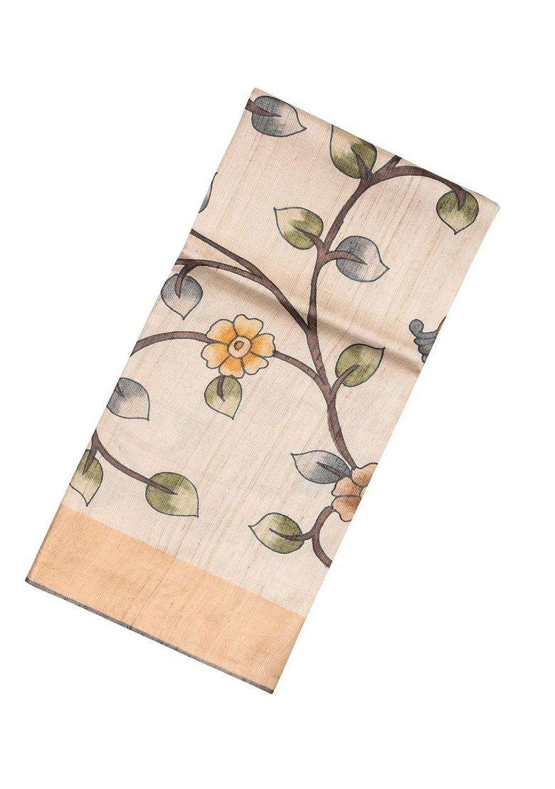 Taupe Handloom Tussar Silk Saree With Printed Kalamkari Peacock Motifs For Women - Indya