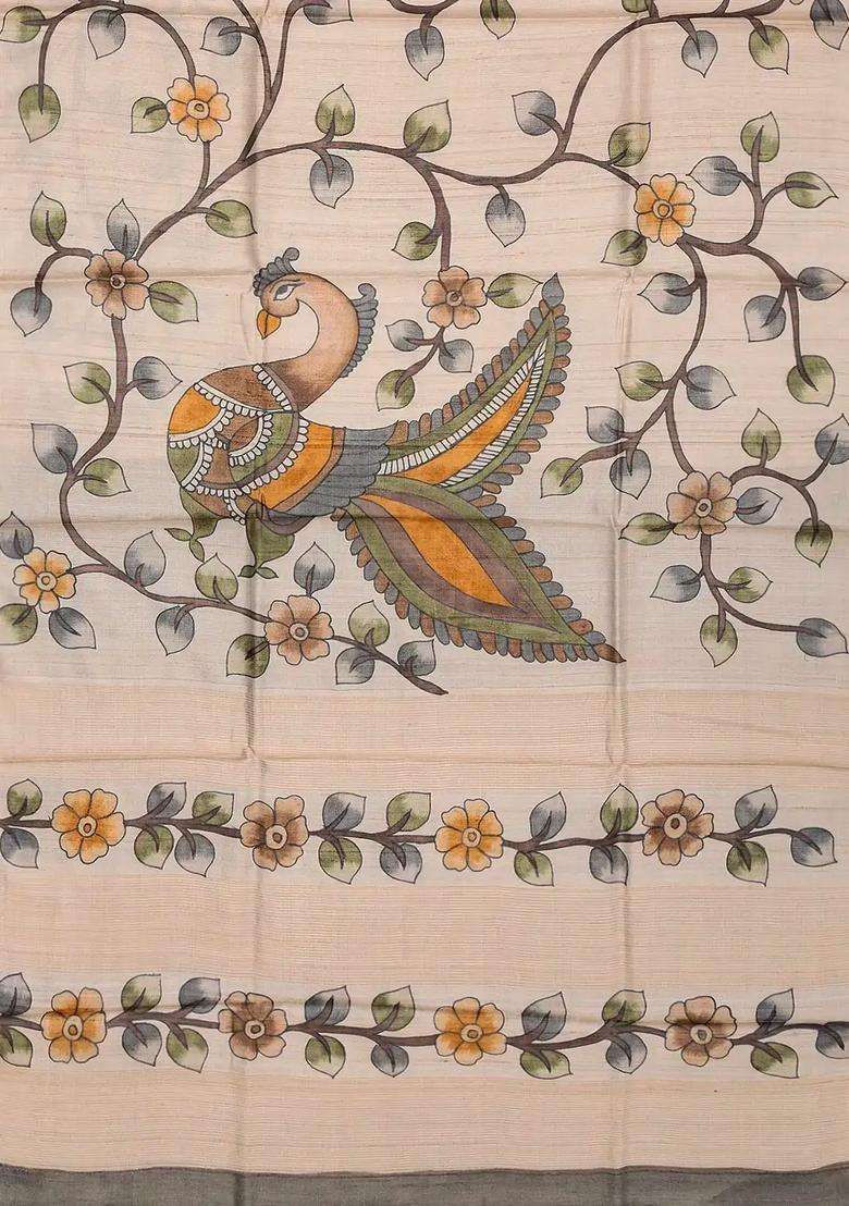 Taupe Handloom Tussar Silk Saree With Printed Kalamkari Peacock Motifs For Women - Indya