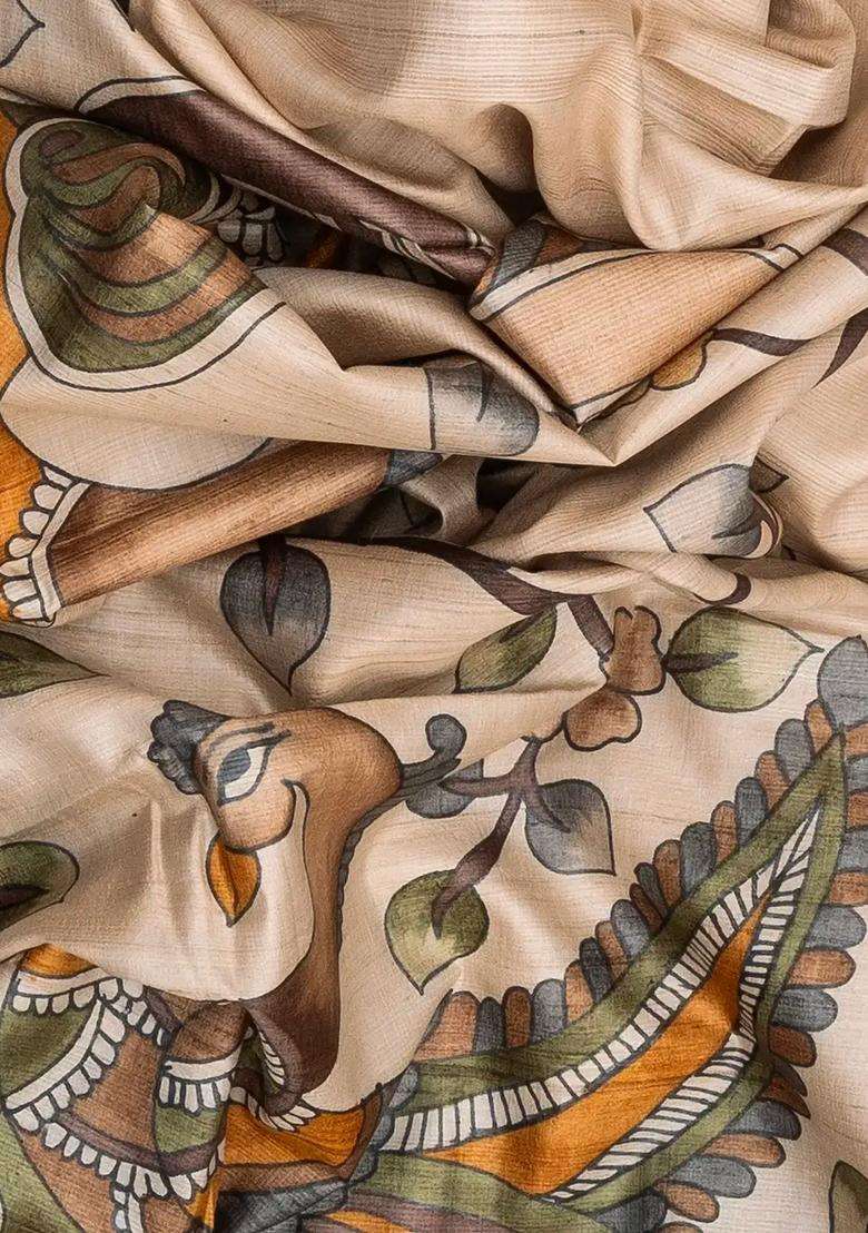 Taupe Handloom Tussar Silk Saree With Printed Kalamkari Peacock Motifs For Women - Indya
