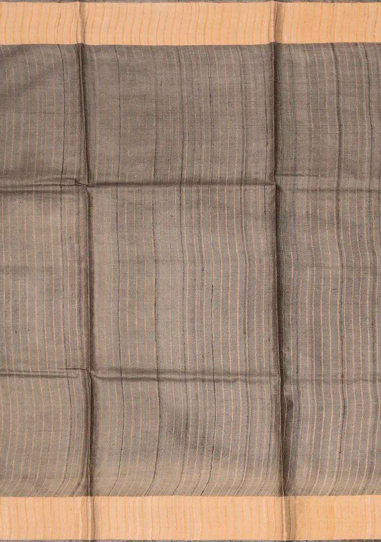 Taupe Handloom Tussar Silk Saree With Printed Kalamkari Peacock Motifs For Women - Indya