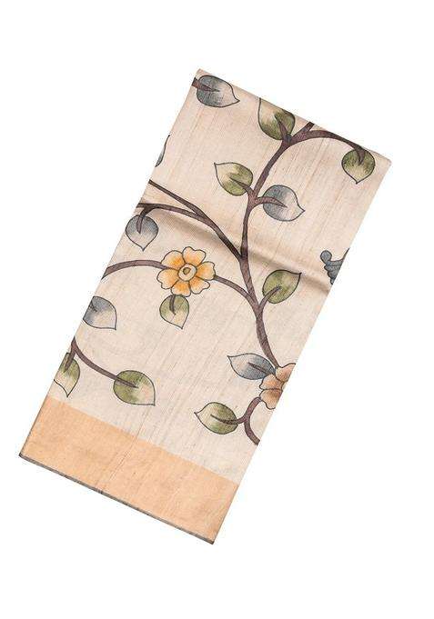 Taupe Handloom Tussar Silk Saree With Printed Kalamkari Peacock Motifs For Women