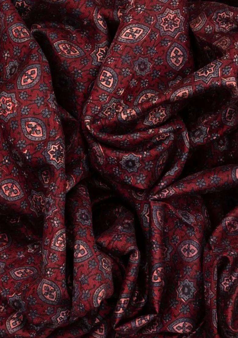 Maroon Handloom Tussar Silk Saree With Printed Floral Jaal Motifs For Women - Indya