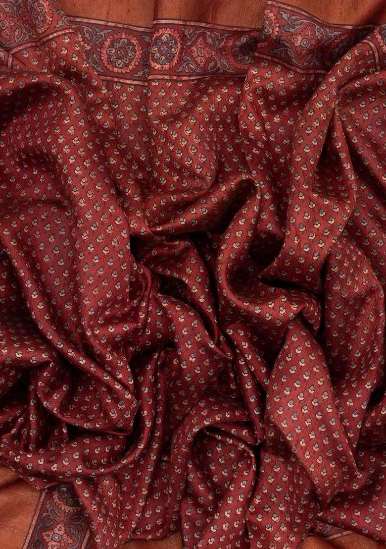 Brown Handloom Tussar Silk Saree With Printed Floral Motifs For Women - Indya