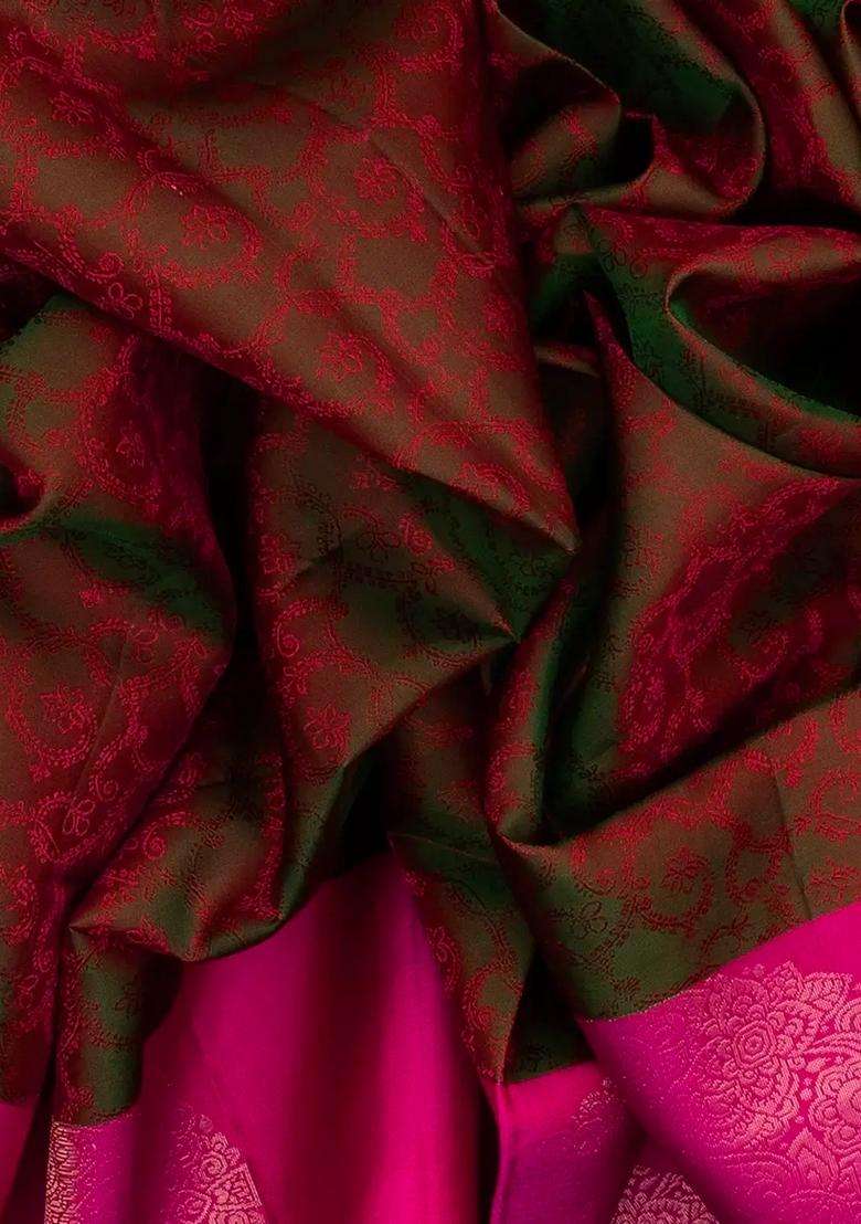 Dark Green And Maroon Handloom Soft Silk Saree With Floral Vine Motifs With Buttas And Brocade Design For Women - Indya