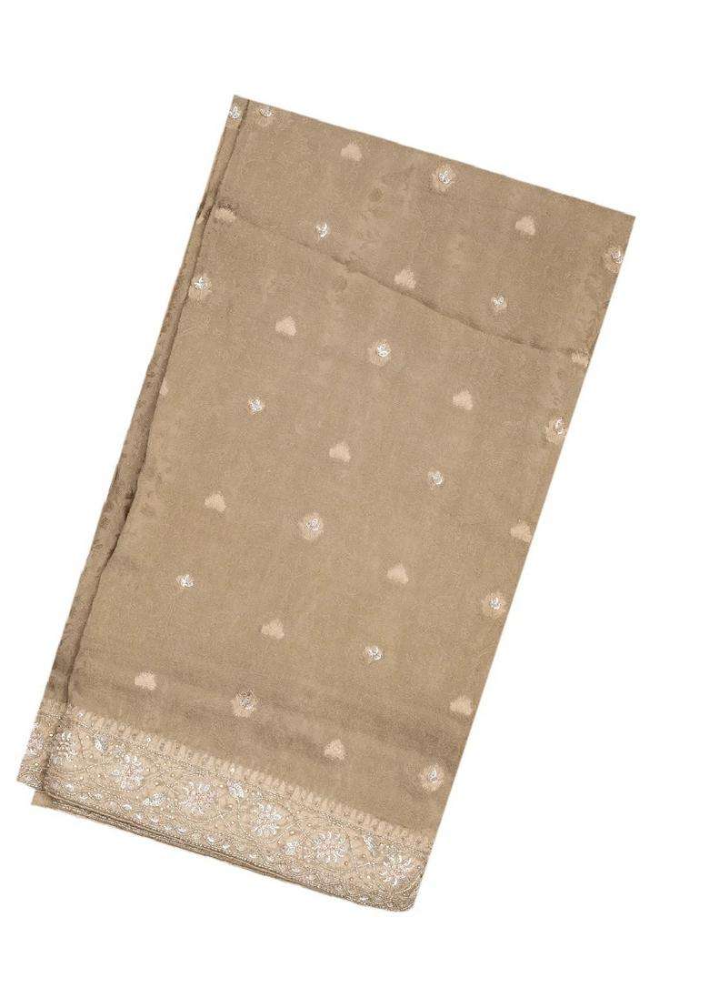 Taupe Woven Crepe Brocade Saree With Embroidered Floral Motifs For Women - Indya