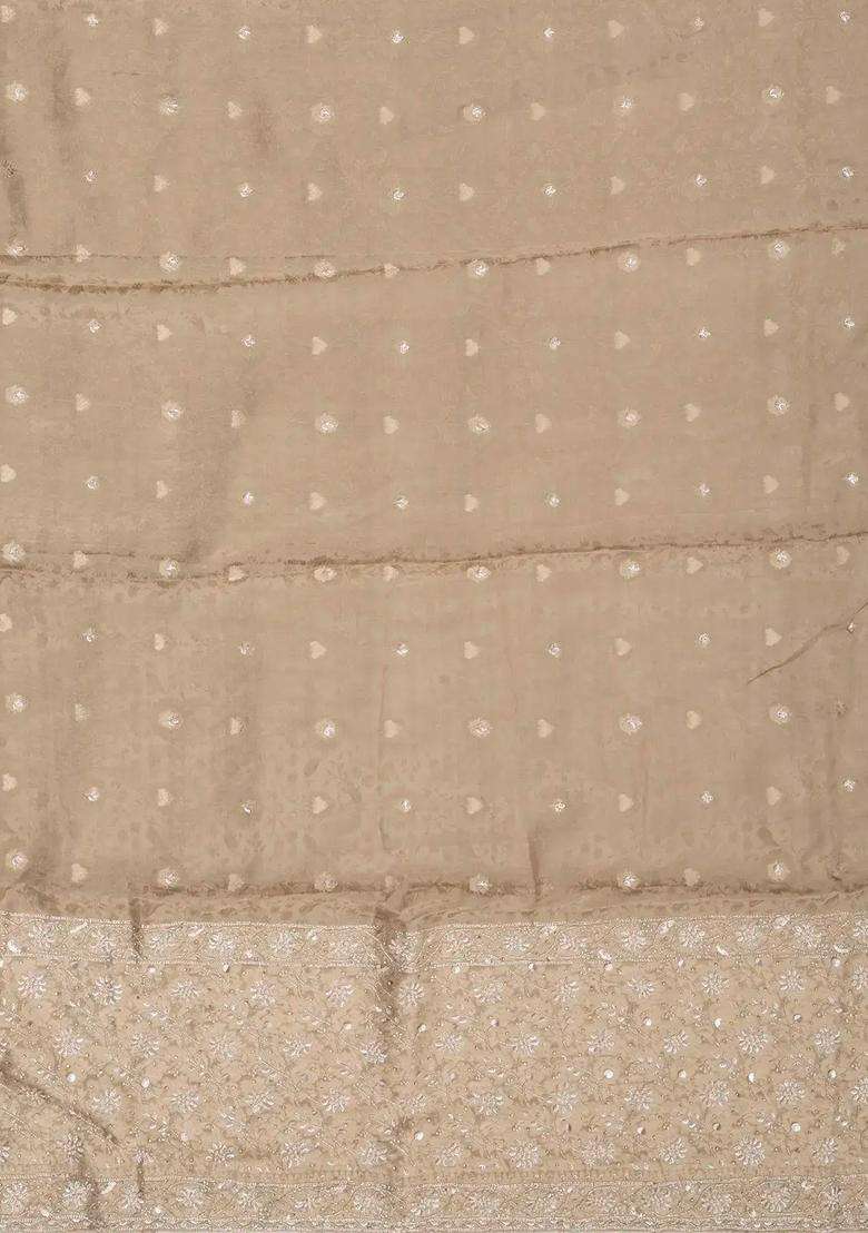 Taupe Woven Crepe Brocade Saree With Embroidered Floral Motifs For Women - Indya