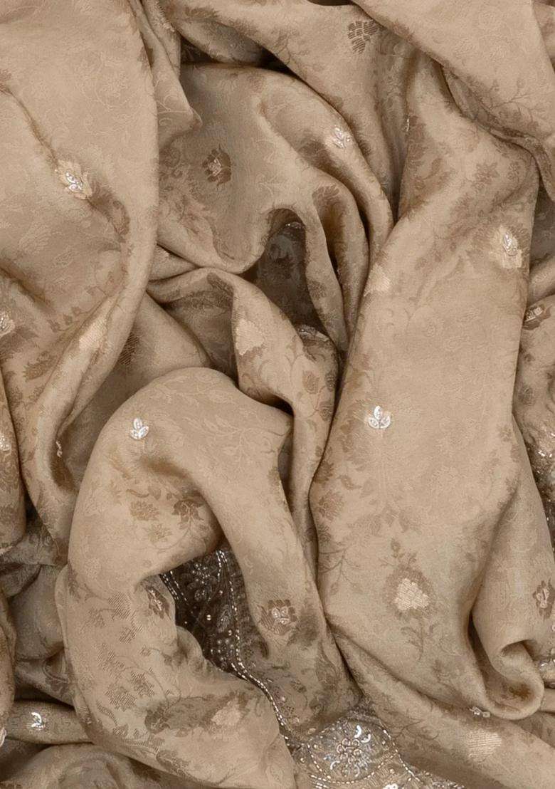 Taupe Woven Crepe Brocade Saree With Embroidered Floral Motifs For Women - Indya