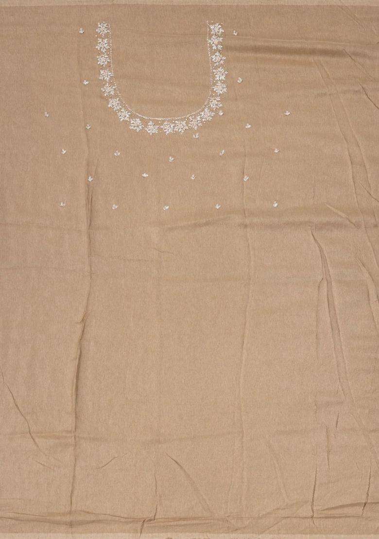 Taupe Woven Crepe Brocade Saree With Embroidered Floral Motifs For Women - Indya