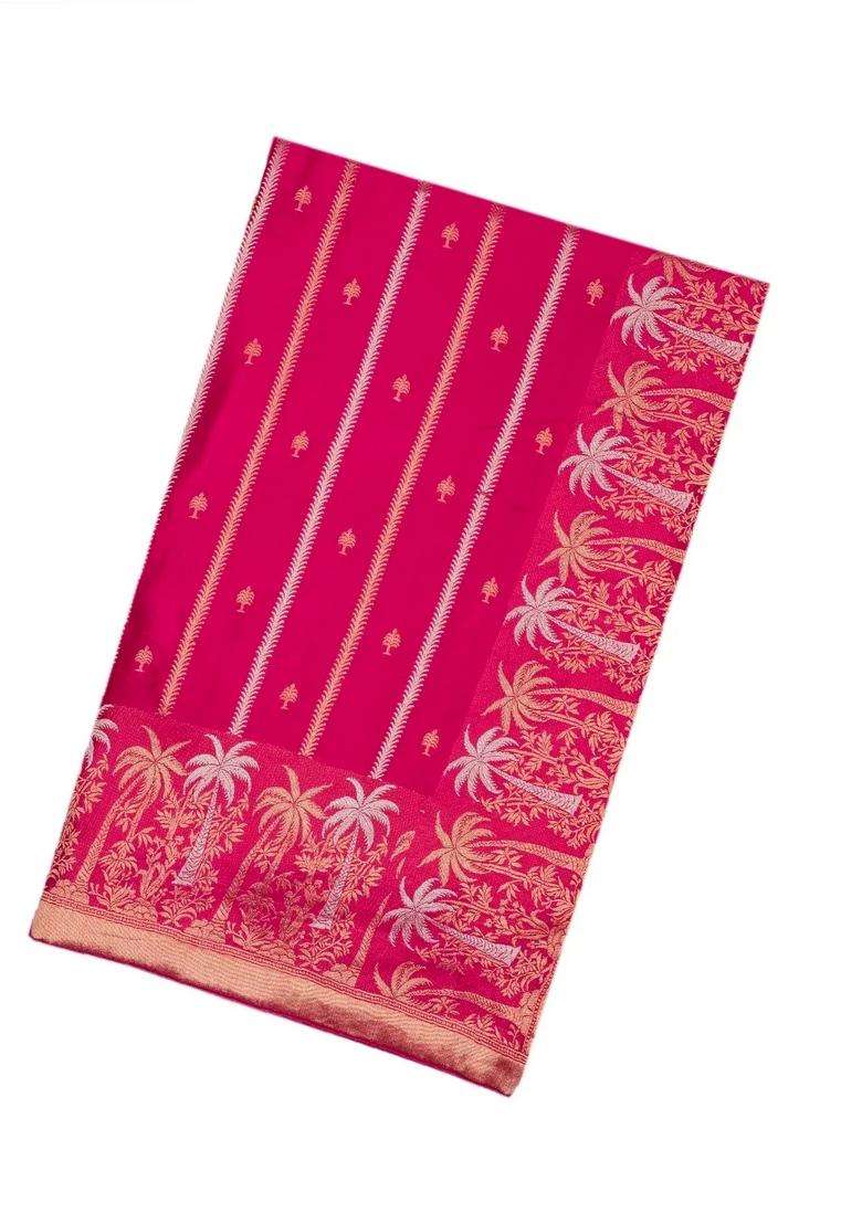 Hot Pink Woven Satin Crepe Saree With Zari Stripes With Checks And Stripes Design For Women - Indya