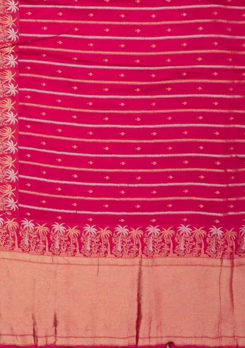 Hot Pink Woven Satin Crepe Saree With Zari Stripes With Checks And Stripes Design For Women - Indya