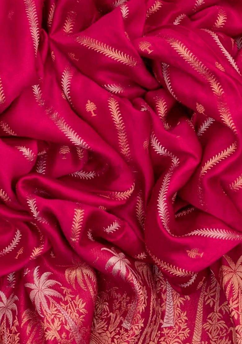 Hot Pink Woven Satin Crepe Saree With Zari Stripes With Checks And Stripes Design For Women - Indya