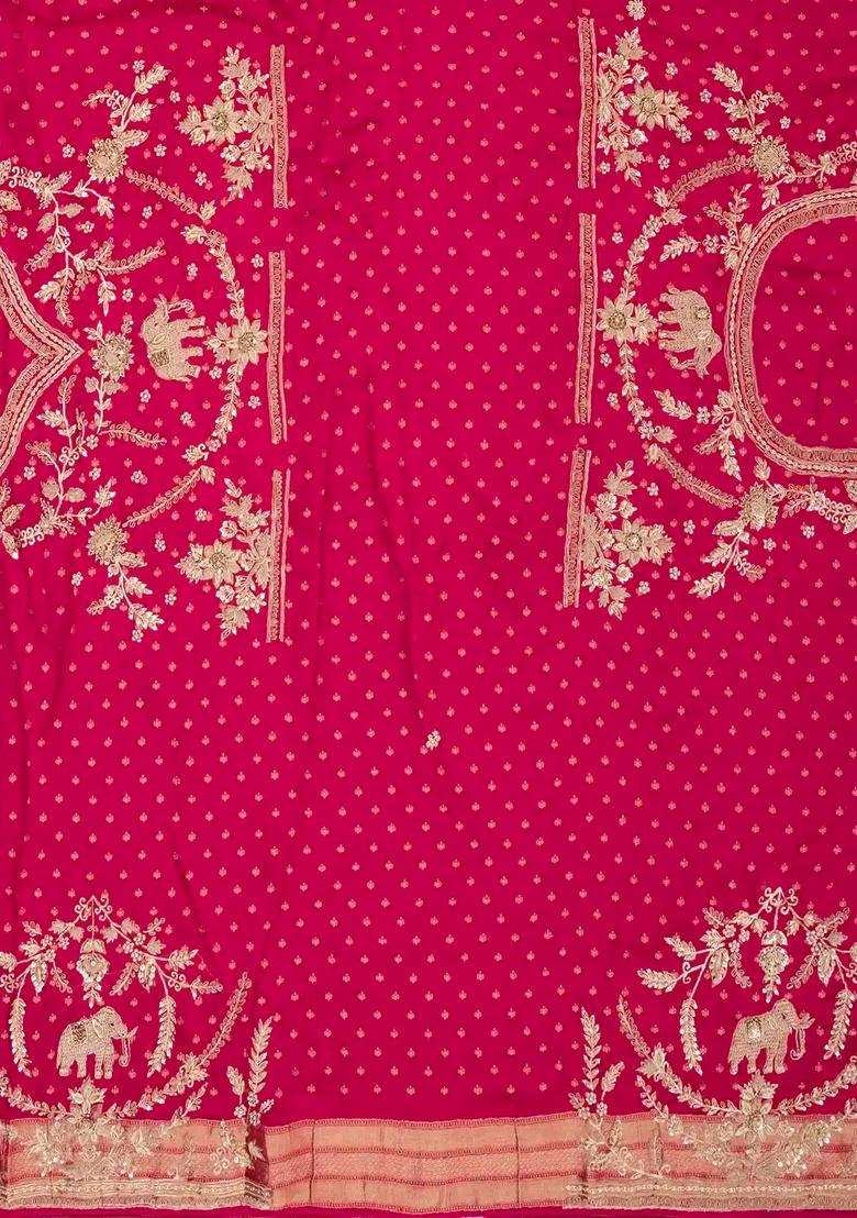 Hot Pink Woven Satin Crepe Saree With Zari Stripes With Checks And Stripes Design For Women - Indya