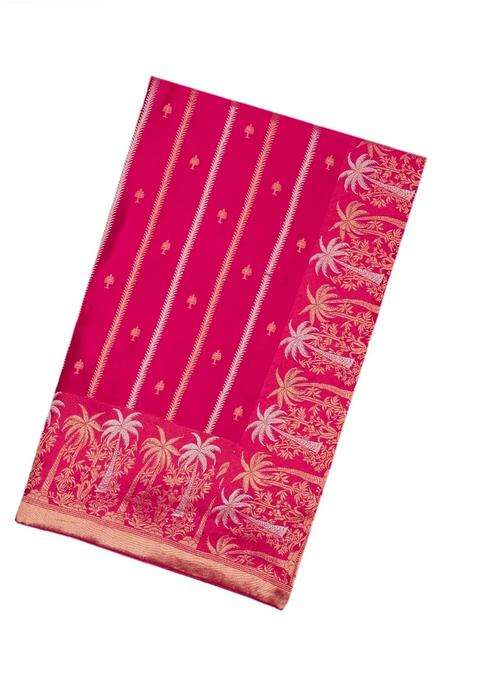 Hot Pink Woven Satin Crepe Saree With Zari Stripes With Checks And Stripes Design For Women