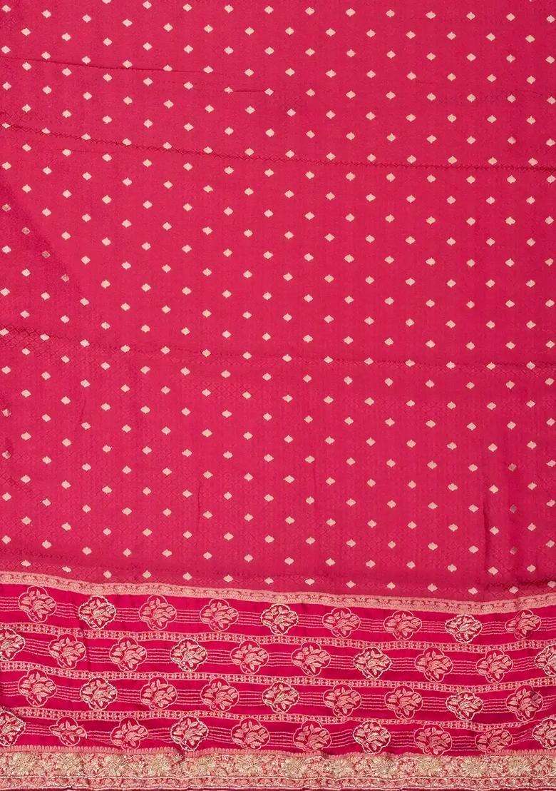 Pink Woven Crepe Brocade Saree With Embroidered Floral Motifs For Women - Indya