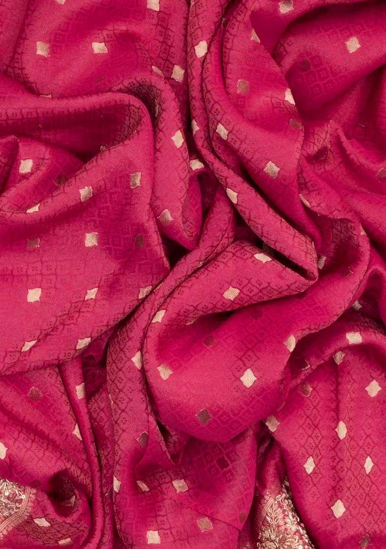 Pink Woven Crepe Brocade Saree With Embroidered Floral Motifs For Women - Indya