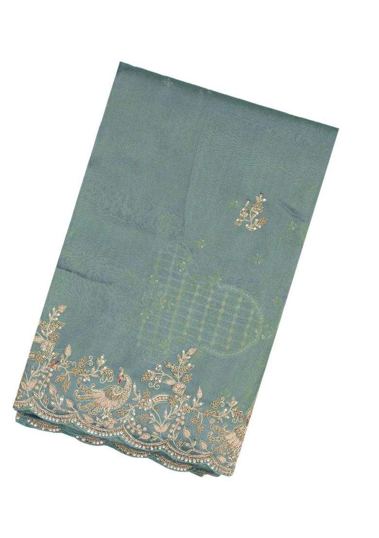 Aquamarine Woven Tissue Silk Saree With Embroidered Floral Motifs For Women - Indya