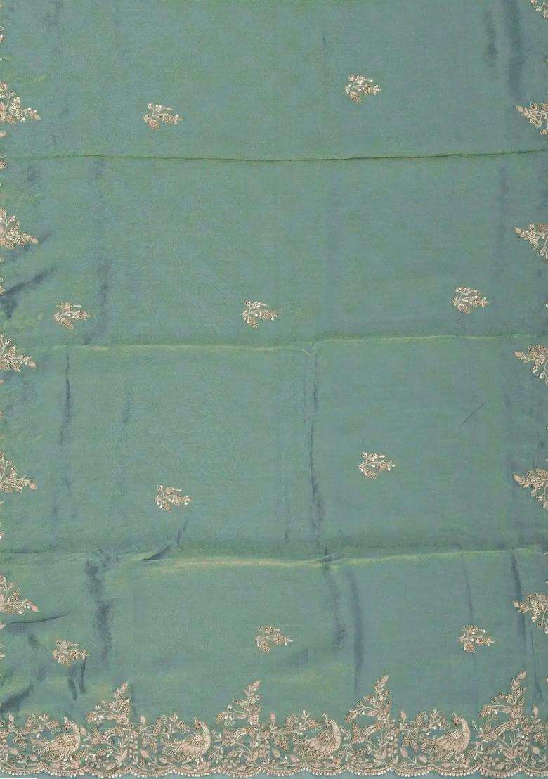 Aquamarine Woven Tissue Silk Saree With Embroidered Floral Motifs For Women - Indya