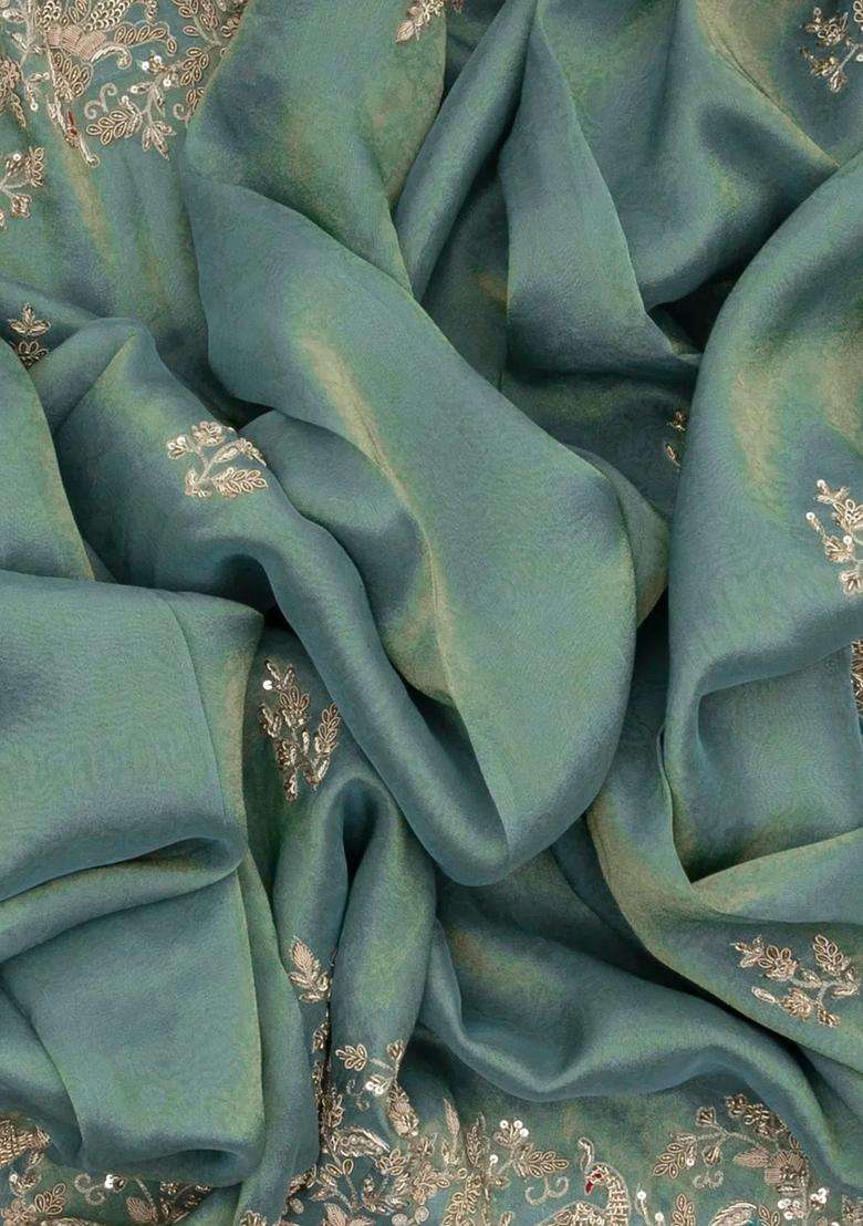 Aquamarine Woven Tissue Silk Saree With Embroidered Floral Motifs For Women - Indya