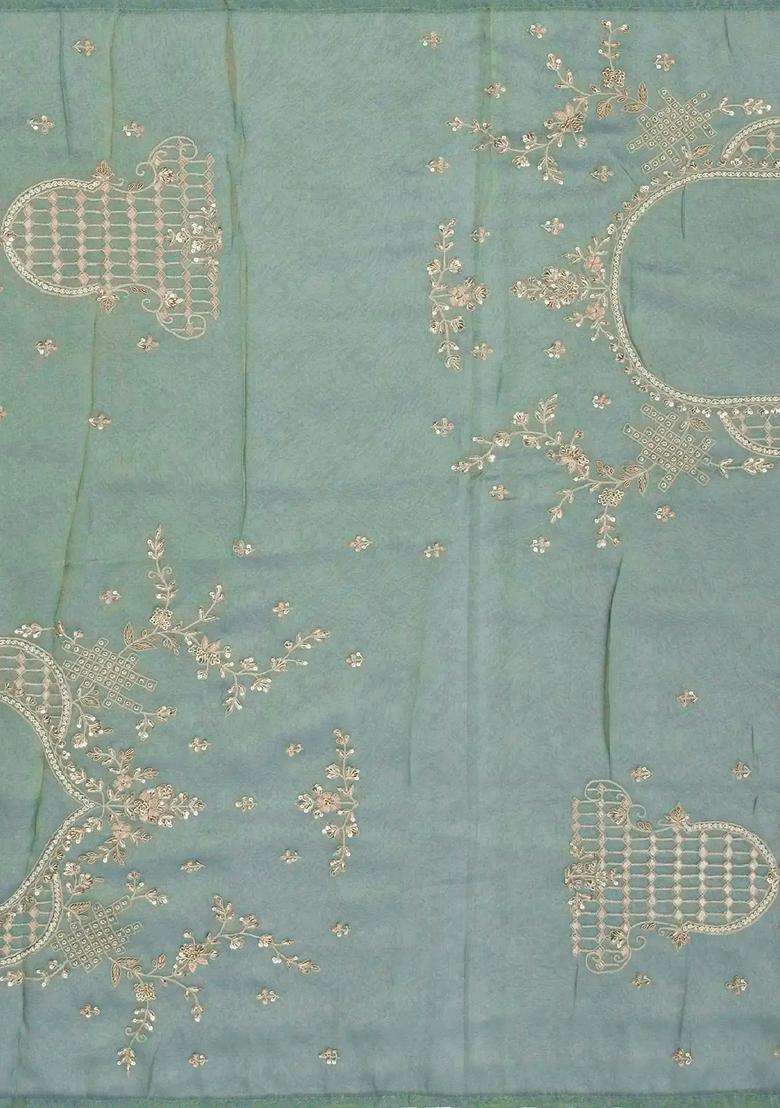Aquamarine Woven Tissue Silk Saree With Embroidered Floral Motifs For Women - Indya