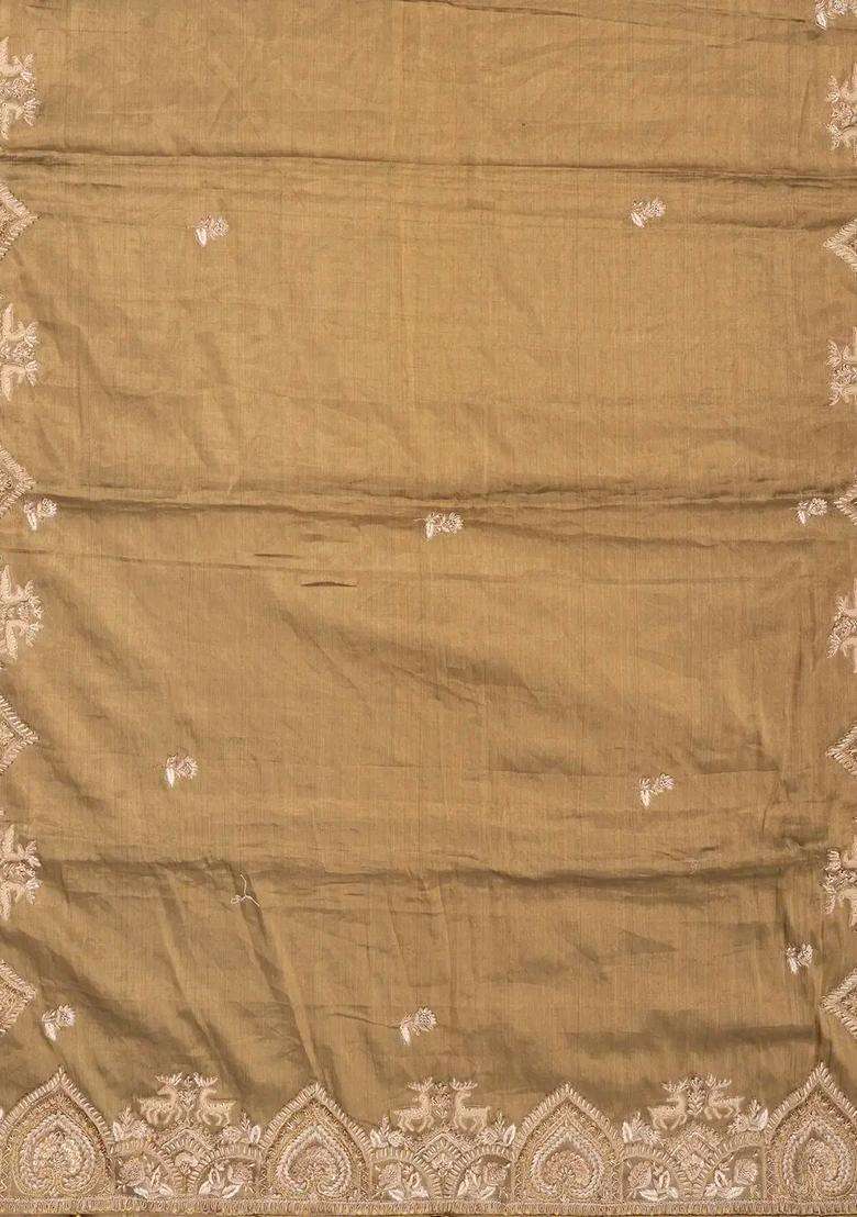 Gold Woven Tissue Jacquard Silk Saree With Embroidered Deer Motifs For Women - Indya