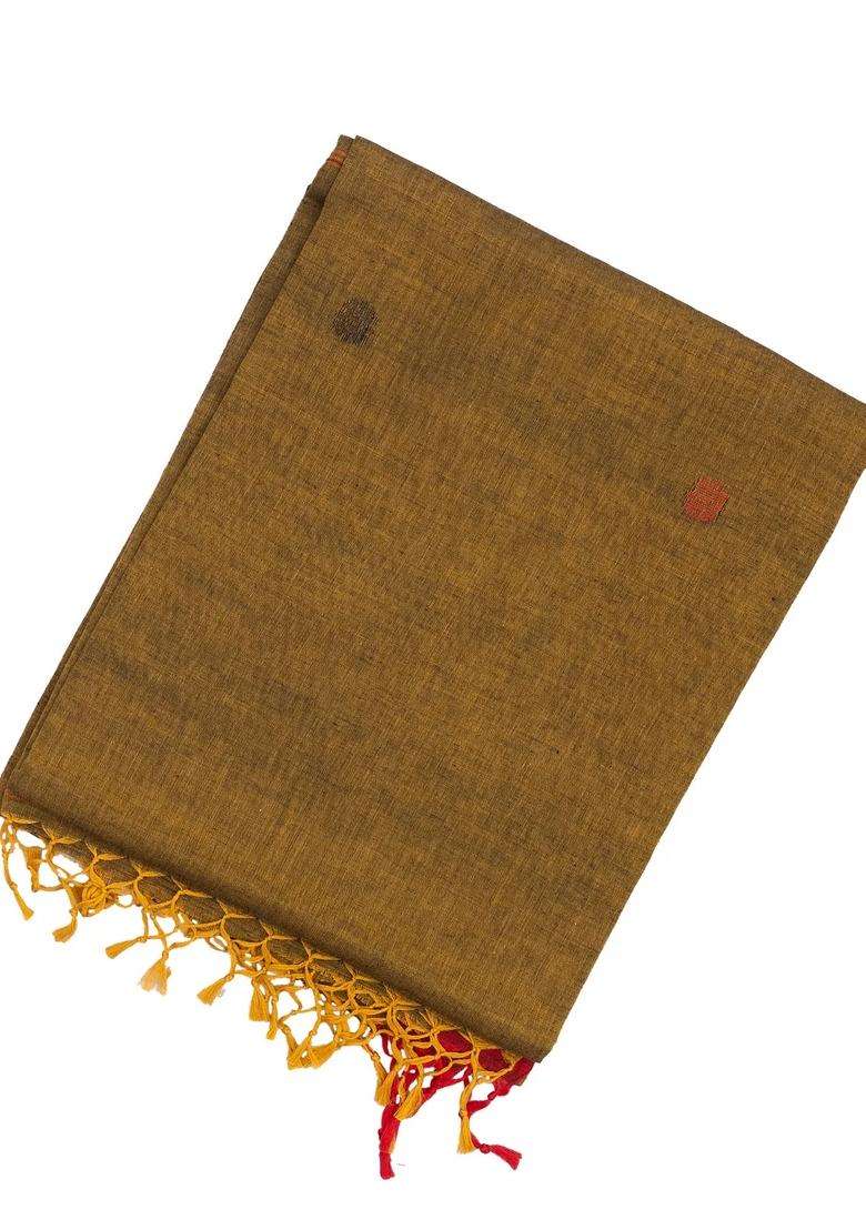 Dark Olive Handloom Bengal Cotton Saree With Floral Buttas With Buttas And Brocade Design For Women - Indya