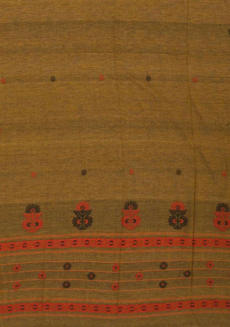Dark Olive Handloom Bengal Cotton Saree With Floral Buttas With Buttas And Brocade Design For Women - Indya