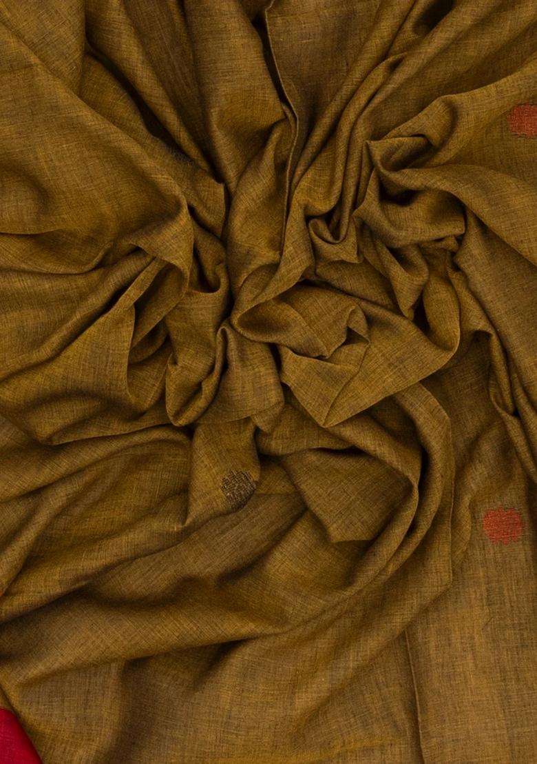 Dark Olive Handloom Bengal Cotton Saree With Floral Buttas With Buttas And Brocade Design For Women - Indya