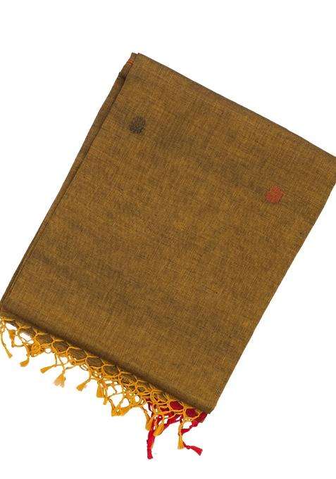 Dark Olive Handloom Bengal Cotton Saree With Floral Buttas With Buttas And Brocade Design For Women