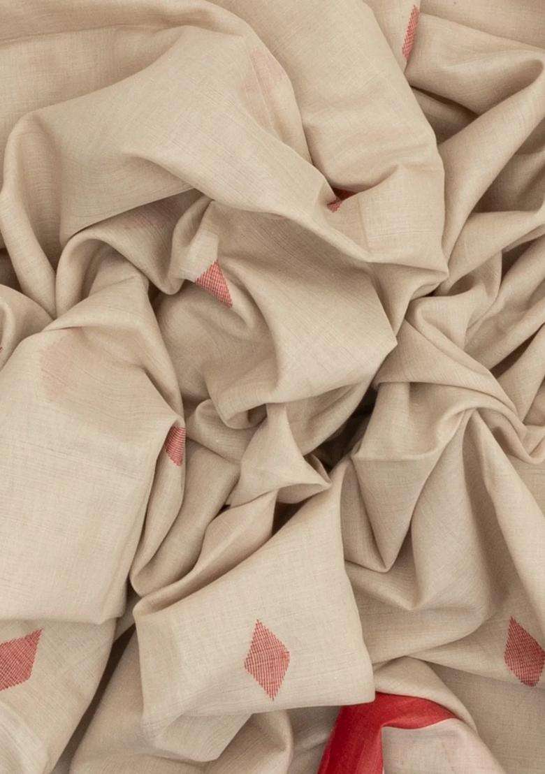 Taupe Handloom Bengal Cotton Saree With Contrast Border With Buttas And Brocade Design For Women - Indya