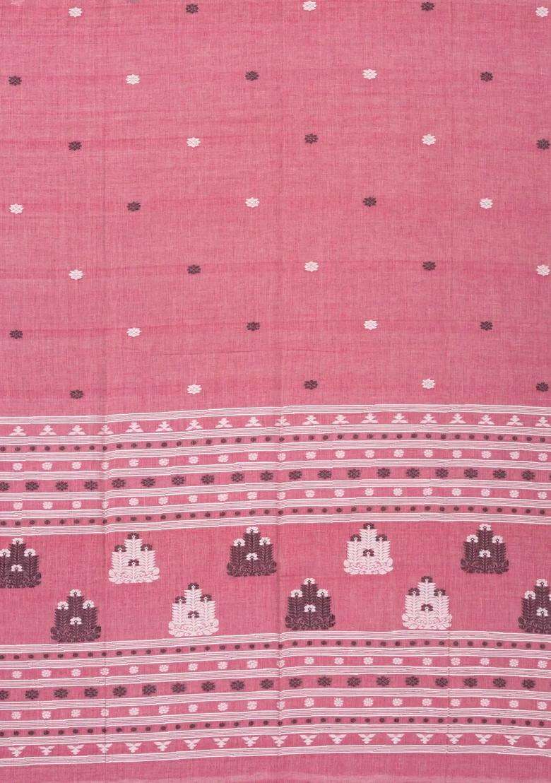 Peach Handloom Bengal Cotton Saree With Kamalam Buttas With Buttas And Brocade Design For Women - Indya