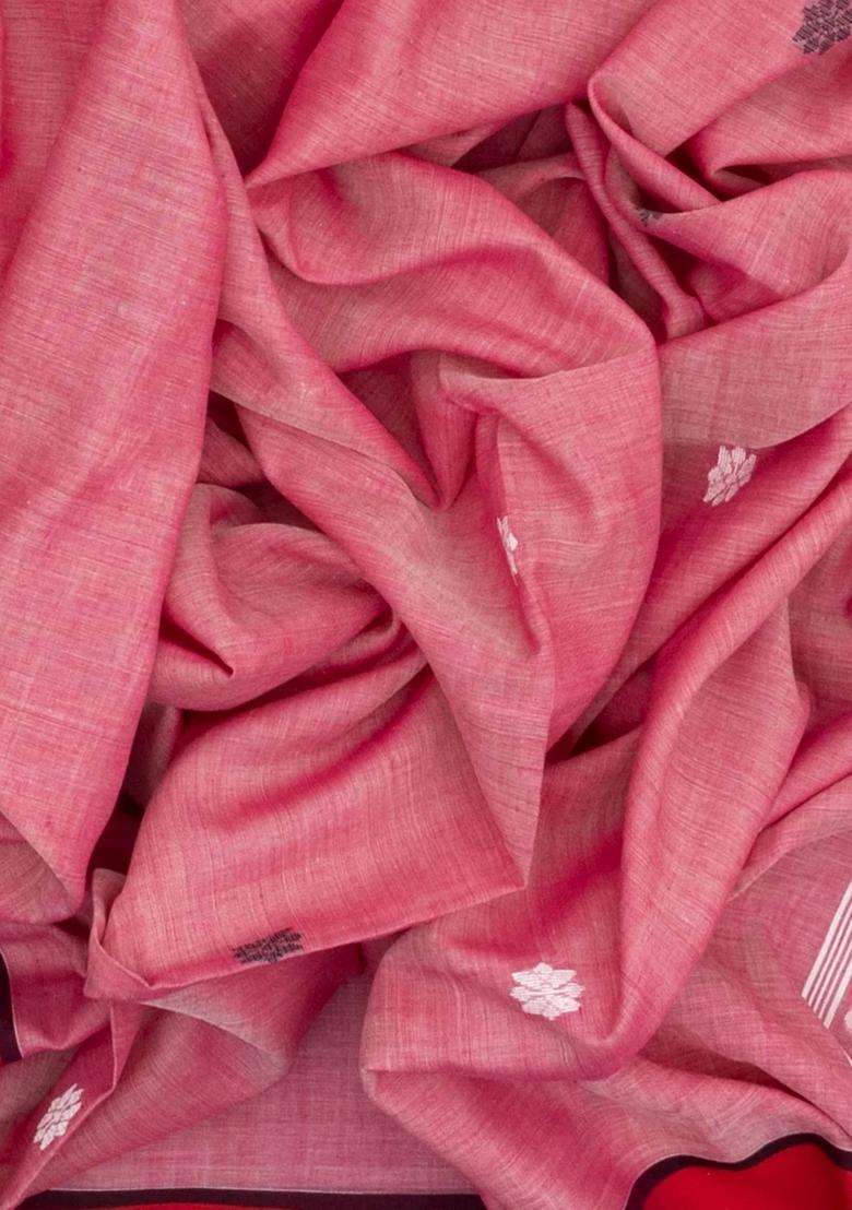 Peach Handloom Bengal Cotton Saree With Kamalam Buttas With Buttas And Brocade Design For Women - Indya