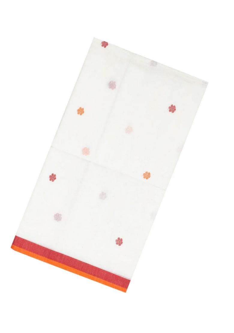 White Handloom Bengal Cotton Saree With Kamalam Buttas With Buttas And Brocade Design For Women - Indya