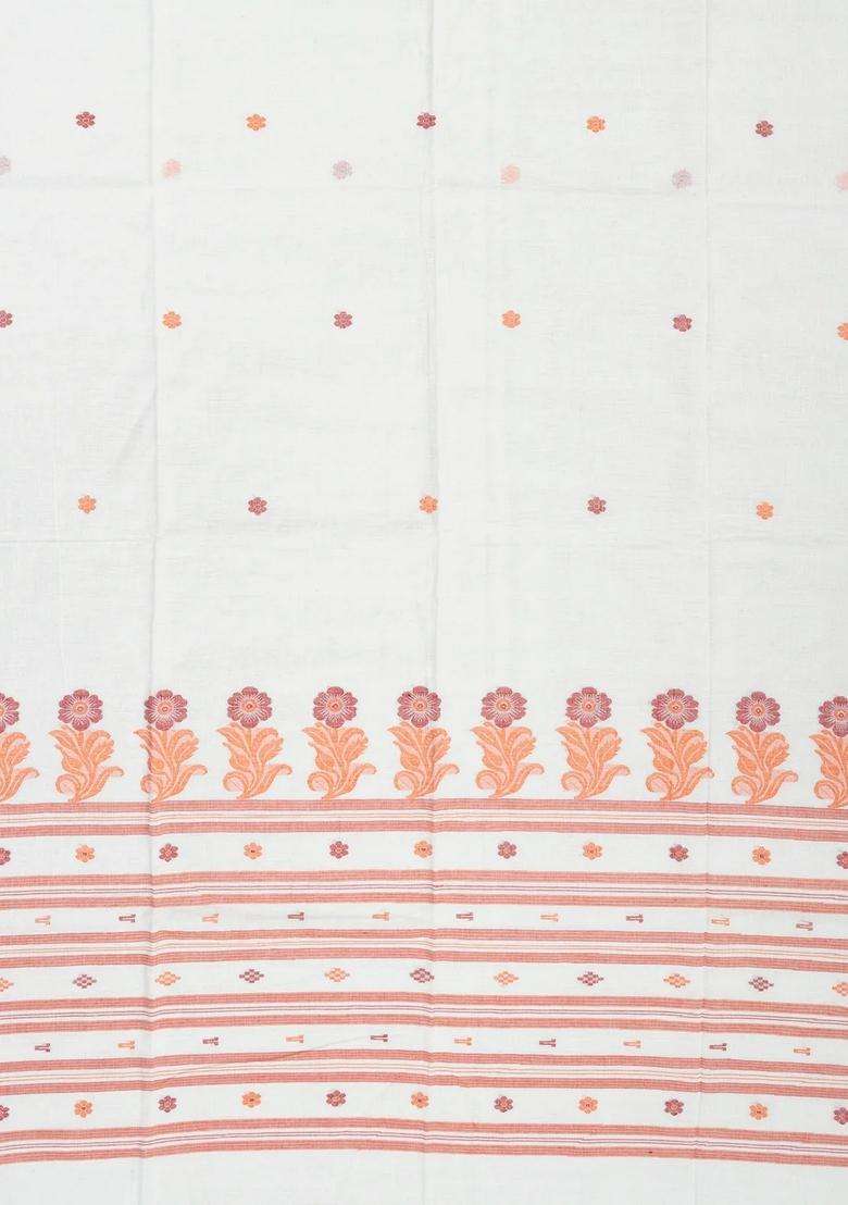 White Handloom Bengal Cotton Saree With Kamalam Buttas With Buttas And Brocade Design For Women - Indya