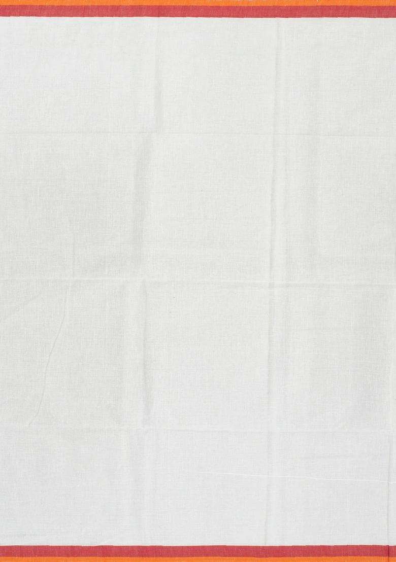 White Handloom Bengal Cotton Saree With Kamalam Buttas With Buttas And Brocade Design For Women - Indya