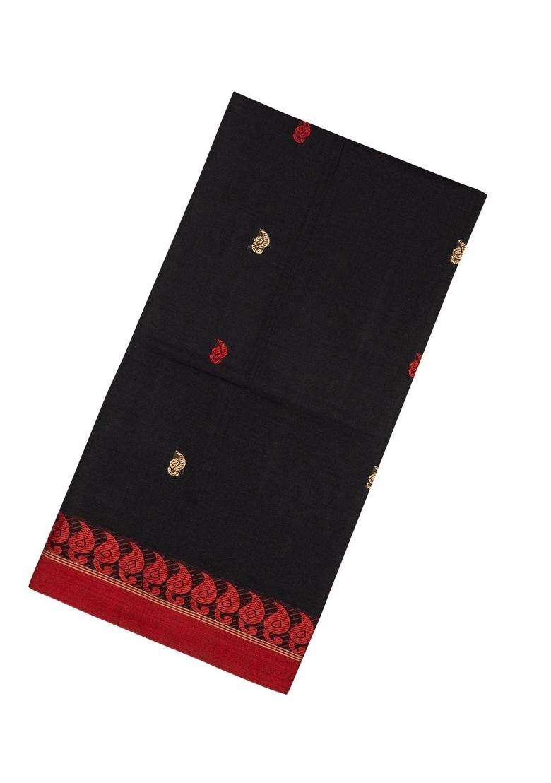Black Handloom Bengal Cotton Saree With Mango Buttas With Buttas And Brocade Design For Women - Indya