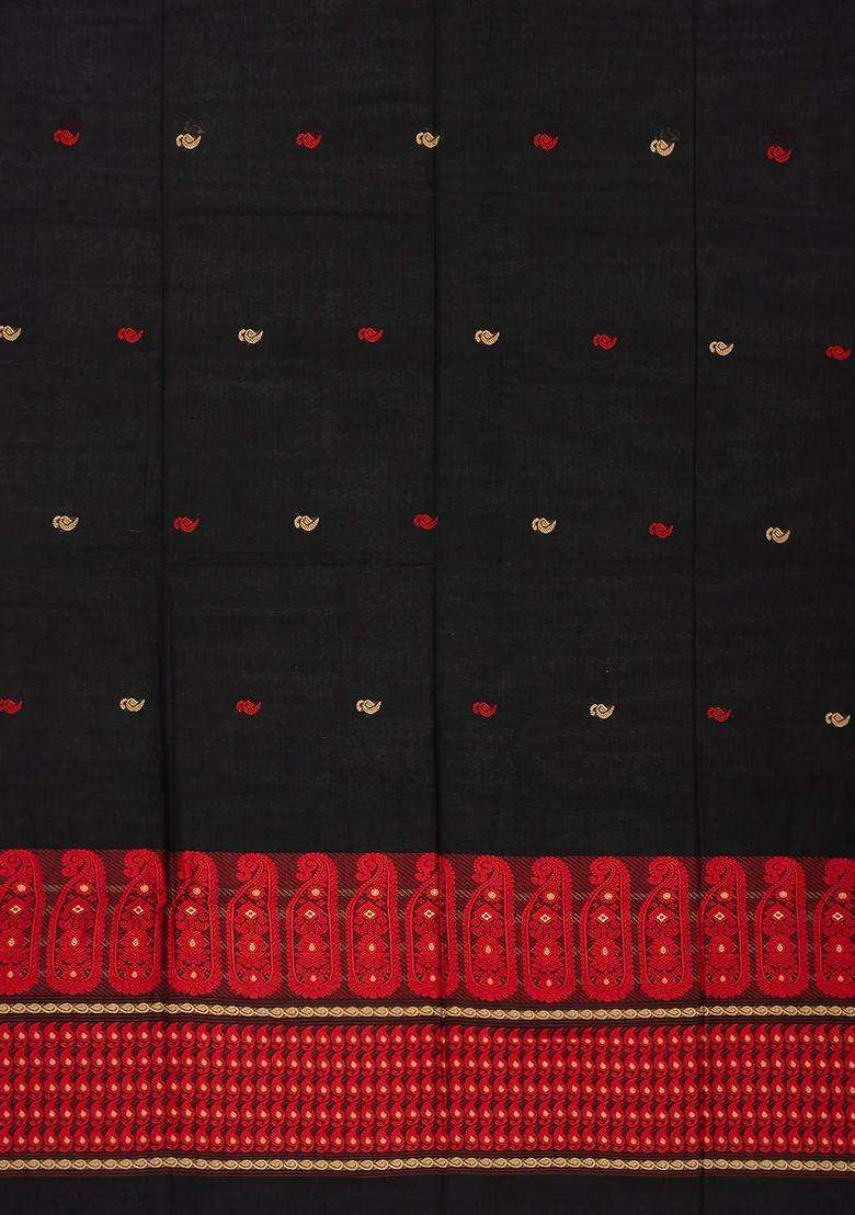 Black Handloom Bengal Cotton Saree With Mango Buttas With Buttas And Brocade Design For Women - Indya