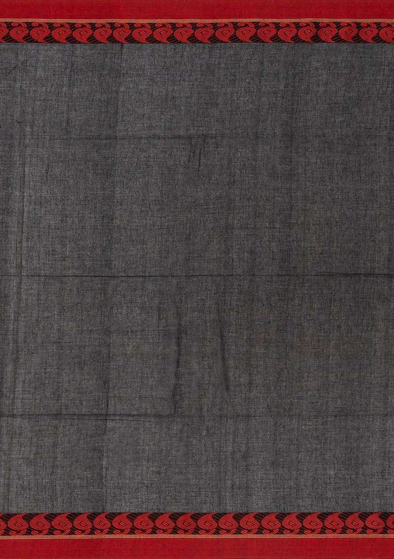 Black Handloom Bengal Cotton Saree With Mango Buttas With Buttas And Brocade Design For Women - Indya