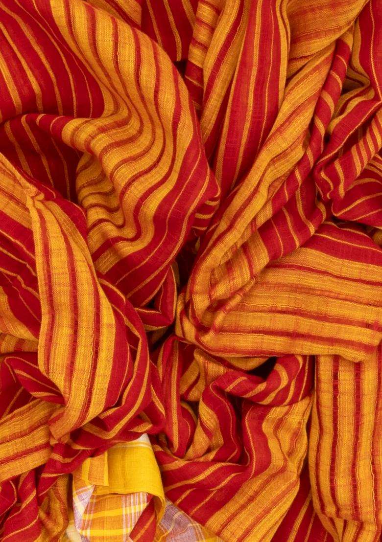 Crimson Handloom Bengal Cotton Saree With Stripes With Checks And Stripes Design For Women - Indya