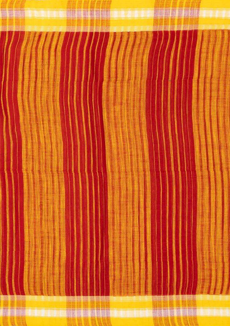 Crimson Handloom Bengal Cotton Saree With Stripes With Checks And Stripes Design For Women - Indya
