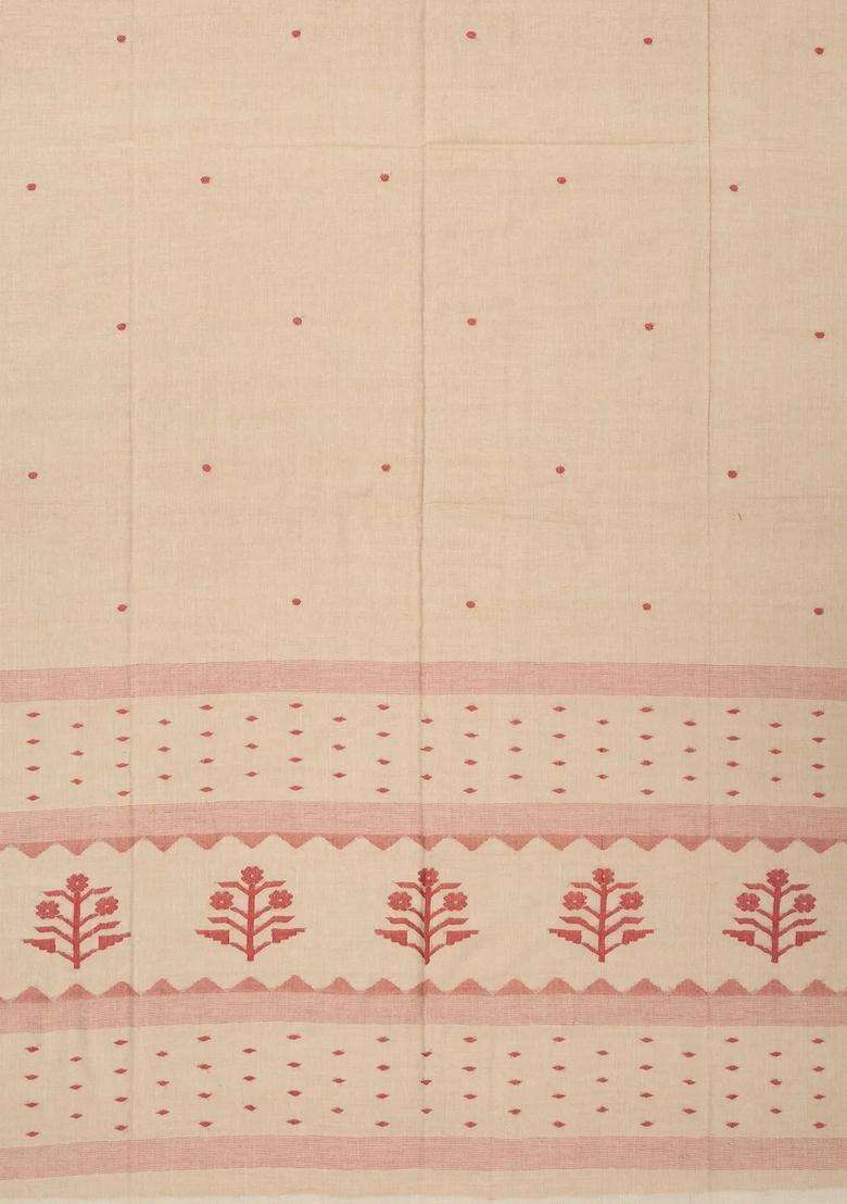 Cream Handloom Bengal Cotton Saree With Coin Buttas With Buttas And Brocade Design For Women - Indya