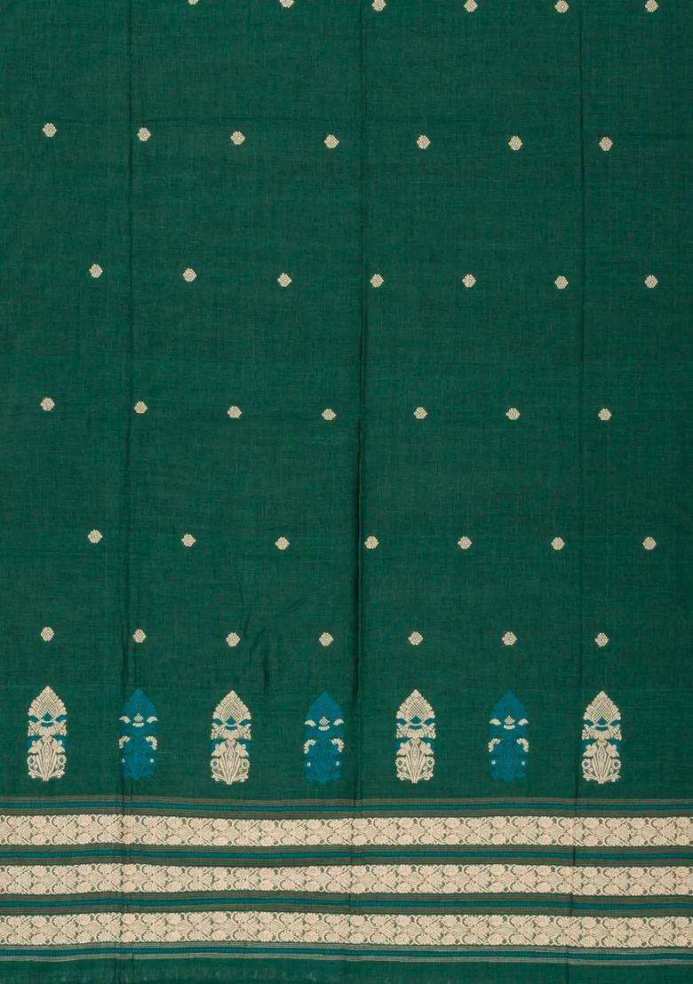 Dark Green Handloom Bengal Cotton Saree With Floral Buttas With Buttas And Brocade Design For Women - Indya