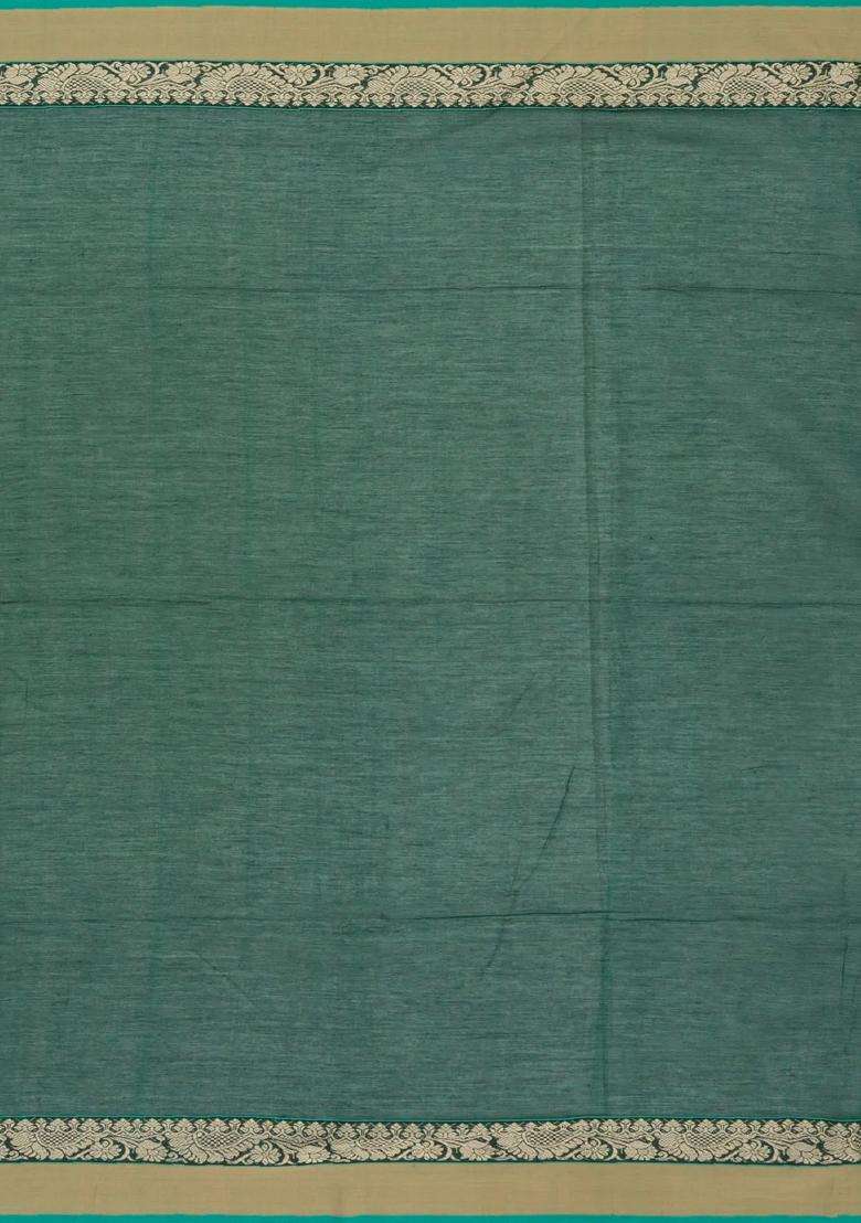 Dark Green Handloom Bengal Cotton Saree With Floral Buttas With Buttas And Brocade Design For Women - Indya