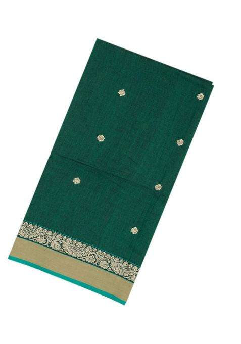 Dark Green Handloom Bengal Cotton Saree With Floral Buttas With Buttas And Brocade Design For Women